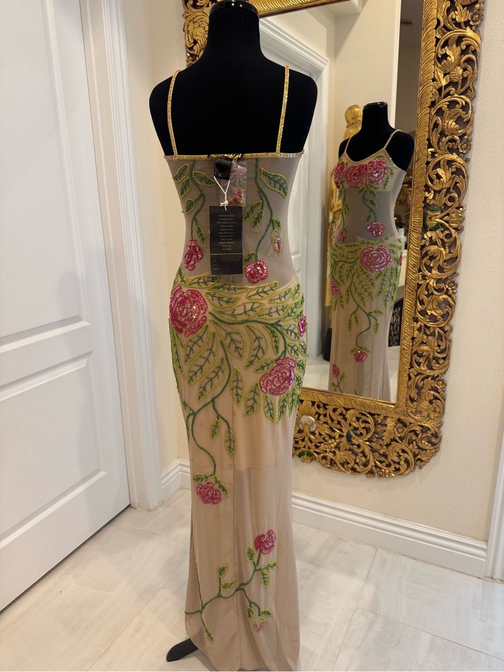 Hand beaded Pink Rose long dress.  Made on power mesh stretch fabric.  HOT!!!! - Picture 4 of 7